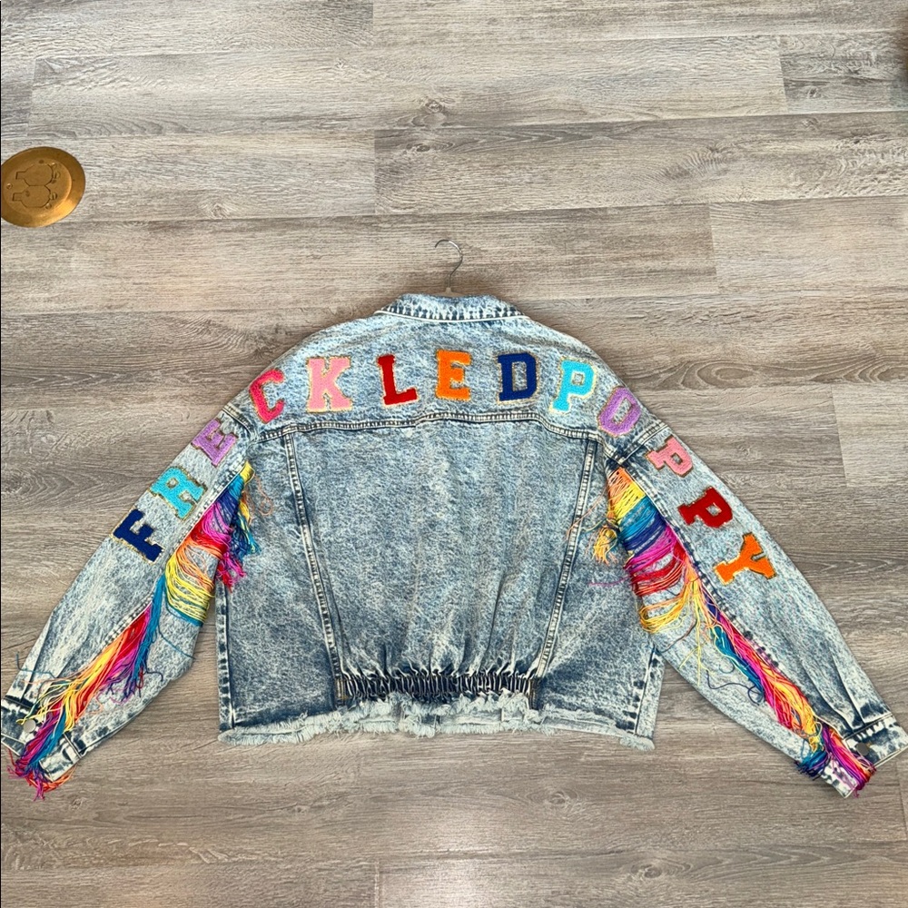 Stonewash denim jacket rainbow fringe BiBi Freckled Poppy XL pride cowgirl NWT - Picture 14 of 14